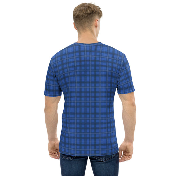 Blue Plaid Print Men's T-shirt, Tartan Plaid Scottish Print Crew Neck Premium Polyester Regular Fit Tee-Made in USA/EU/MX (US SIze, XS-2XL), Luxury Graphic T-Shirt FOr Men, The Plaid Print Tee, Crew Neck T-shirt, Men's T-Shirt Apparel