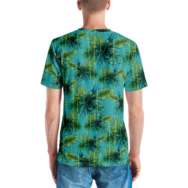 Bright Blue Tropical Hawaiian Style Shirt, Blue and Green Tropical Leaf Printed Tee, Best Tee Crew Neck Premium Polyester Regular Fit Tee-Made in USA/EU/MX (US Size, XS-2XL), Luxury Graphic T-Shirt For Men, Best Printed Tee, Crew Neck T-shirt, Men's T-Shirt Apparel