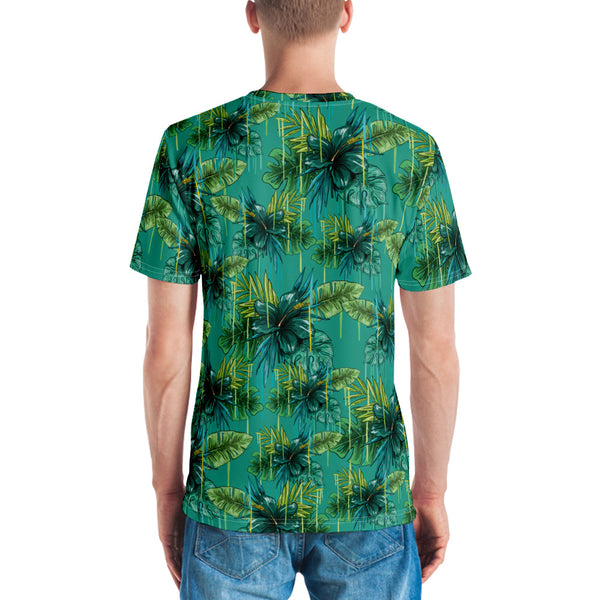Blue Tropical Hawaiian Style Shirt, Blue and Green Tropical Leaf Printed Tee, Best Tee Crew Neck Premium Polyester Regular Fit Tee-Made in USA/EU/MX (US Size, XS-2XL), Luxury Graphic T-Shirt For Men, Best Printed Tee, Crew Neck T-shirt, Men's T-Shirt Apparel