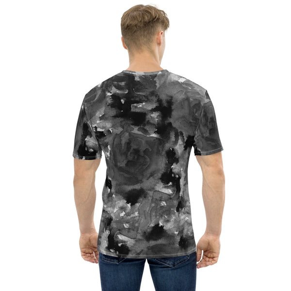 Grey Floral Print Men's T-shirt, Abstract Rose Gray Premium Printed Tee, Best Tee Crew Neck Premium Polyester Regular Fit Tee-Made in USA/EU/MX (US Size, XS-2XL), Luxury Graphic T-Shirt For Men, Best Printed Tee, Crew Neck T-shirt, Men's T-Shirt Apparel