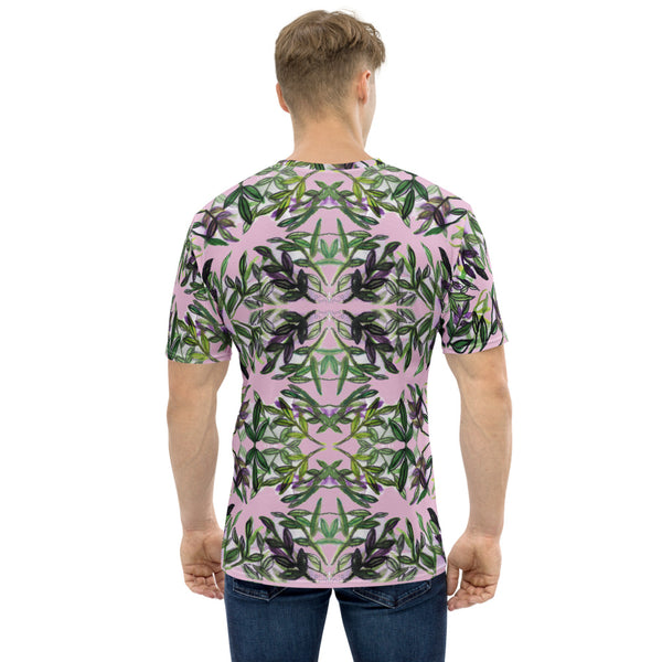 Pink Tropical Hawaiian Style Shirt, Purple and Green Tropical Leaf Printed Tee, Best Tee Crew Neck Premium Polyester Regular Fit Tee-Made in USA/EU/MX (US Size, XS-2XL), Luxury Graphic T-Shirt For Men, Best Printed Tee, Crew Neck T-shirt, Men's T-Shirt Apparel