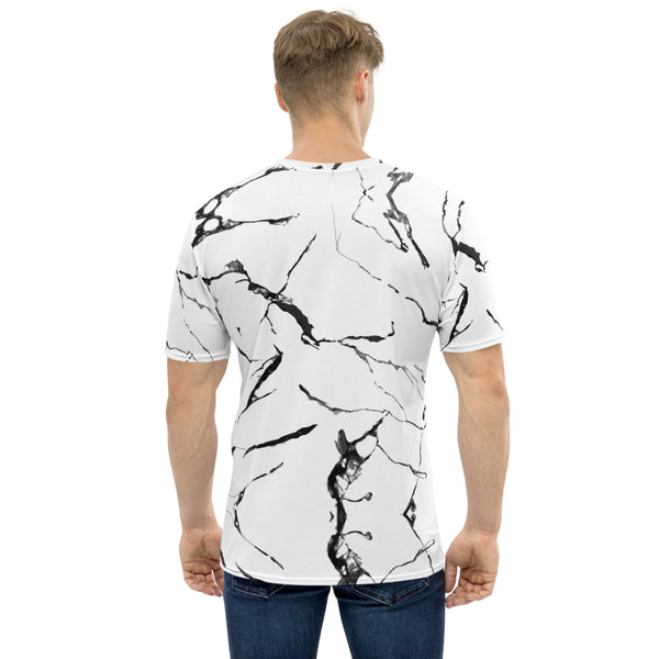 White Marble Print Men's T-shirt, Designer Marbled Pattern Printed Best Tee Crew Neck Premium Polyester Regular Fit Tee-Made in USA/EU/MX (US Size, XS-2XL), Luxury Graphic T-Shirt For Men, Best Printed Tee, Crew Neck T-shirt, Men's T-Shirt Apparel
