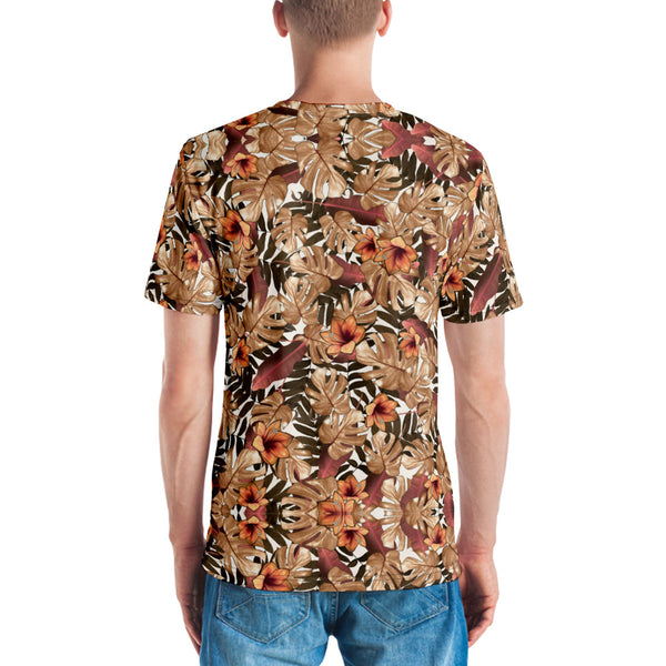 Fall Tropical Leaf Men's T-shirt, Brown Leaves Print Hawaiian Style Tee, Best Tee Crew Neck Premium Polyester Regular Fit Tee-Made in USA/EU/MX (US Size, XS-2XL), Luxury Graphic T-Shirt For Men, Best Printed Tee, Crew Neck T-shirt, Men's T-Shirt Apparel