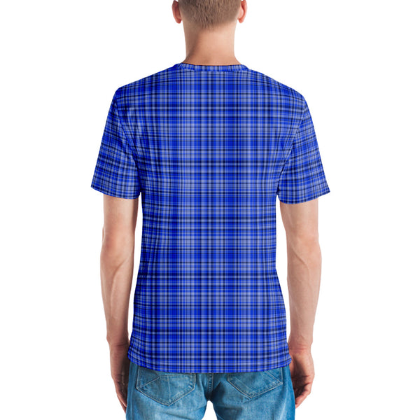 Blue Plaid Print Men's T-shirt, Tartan Scottish Style Plaid Print Best Tee Crew Neck Premium Polyester Regular Fit Tee-Made in USA/EU/MX (US Size, XS-2XL), Luxury Graphic T-Shirt For Men, Best Printed Tee, Crew Neck T-shirt, Men's T-Shirt Apparel