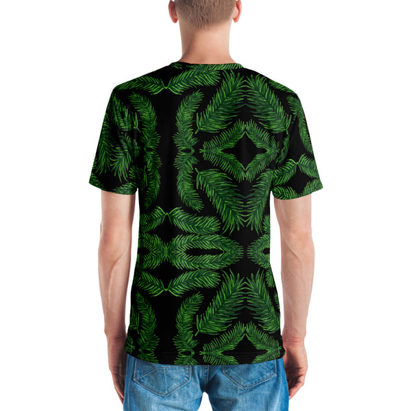 Green Palm Leaf Men's T-shirt, Black Tropical Leaves Hawaiian Style Leaves Print Best Tee Crew Neck Premium Polyester Regular Fit Tee-Made in USA/EU/MX (US Size, XS-2XL), Luxury Graphic T-Shirt For Men, Best Marbled Printed Tee, Crew Neck T-shirt, Men's T-Shirt Apparel