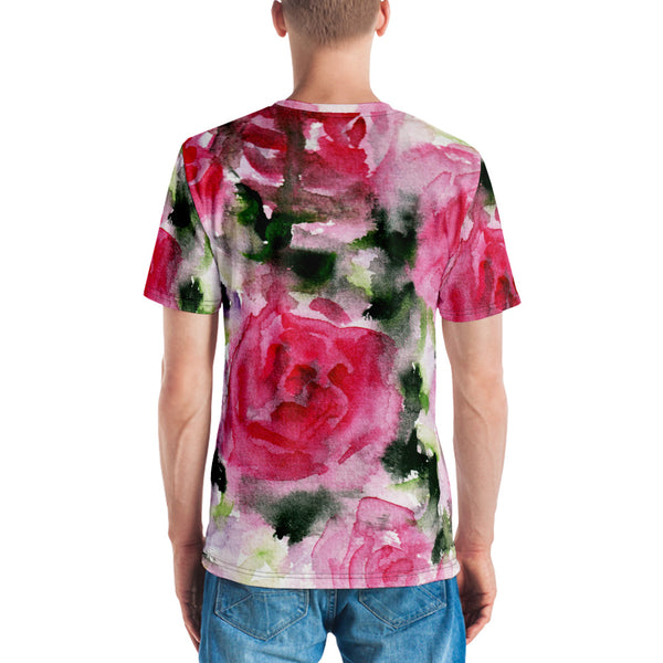 Pink Floral Rose Men's T-shirt, Flower Abstract Printed Luxury Men's Tee, Best Tee Crew Neck Premium Polyester Regular Fit Tee-Made in USA/EU/MX (US Size, XS-2XL), Luxury Graphic T-Shirt For Men, Best Printed Tee, Crew Neck T-shirt, Men's T-Shirt Apparel