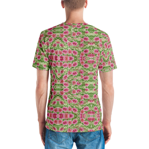 Pink Floral Rose Men's T-shirt, Garden Flowery Flower Abstract Printed Luxury Men's Tee, Best Tee Crew Neck Premium Polyester Regular Fit Tee-Made in USA/EU/MX (US Size, XS-2XL), Luxury Graphic T-Shirt For Men, Best Printed Tee, Crew Neck T-shirt, Men's T-Shirt Apparel