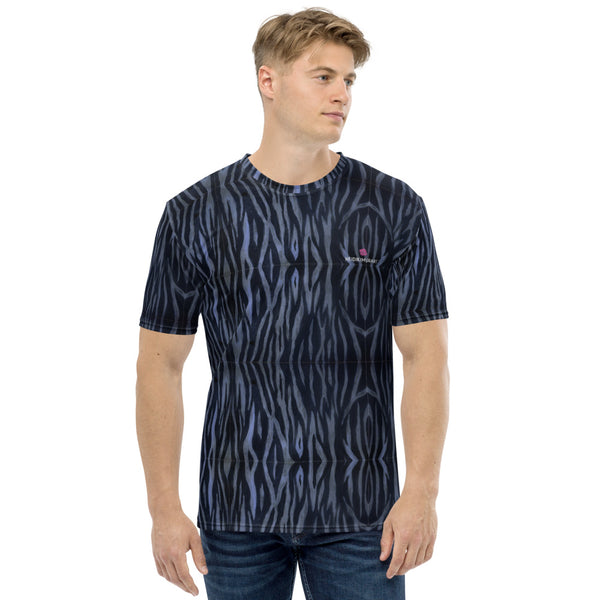 Blue Tiger Striped Men's T-Shirt, Animal Tiger Print Best Tee Crew Neck Premium Polyester Regular Fit Tee-Made in USA/EU/MX (US Size, XS-2XL), Luxury Graphic T-Shirt For Men, The Plaid Print Tee, Crew Neck T-shirt, Men's T-Shirt Apparel