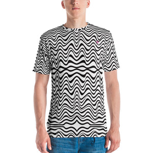 Black White Wavy Men's T-Shirt, Waves Crew Neck Polyester Regular Fit Tee-Made in USA/EU/MX, Luxury Graphic T-Shirt FOr Men, The 90's Wave Tee, Crew Neck T-shirt, Men's T-Shirt Apparel