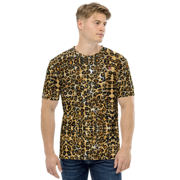 Brown Leopard Men's T-shirt, Cute Animal Print Best Tee Crew Neck Premium Polyester Regular Fit Tee-Made in USA/EU/MX (US Size, XS-2XL), Luxury Graphic T-Shirt For Men, Crew Neck T-shirt, Men's T-Shirt Apparel