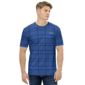 Blue Plaid Print Men's T-shirt, Tartan Plaid Scottish Print Crew Neck Premium Polyester Regular Fit Tee-Made in USA/EU/MX (US SIze, XS-2XL), Luxury Graphic T-Shirt FOr Men, The Plaid Print Tee, Crew Neck T-shirt, Men's T-Shirt Apparel