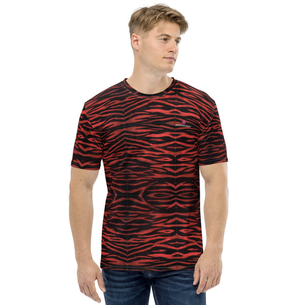 Red Tiger Men's T-shirt, Tiger Striped Animal Print Best Tee Crew Neck Premium Polyester Regular Fit Tee-Made in USA/EU/MX (US Size, XS-2XL), Luxury Graphic T-Shirt For Men, Best Tiger Striped Printed Tee, Crew Neck T-shirt, Men's T-Shirt Apparel