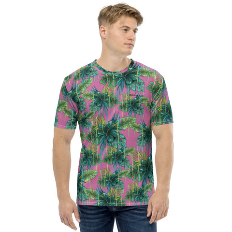 Pink Tropical Hawaiian Style Shirt, Pink and Green Tropical Leaf Printed Tee, Best Tee Crew Neck Premium Polyester Regular Fit Tee-Made in USA/EU/MX (US Size, XS-2XL), Luxury Graphic T-Shirt For Men, Best Printed Tee, Crew Neck T-shirt, Men's T-Shirt Apparel