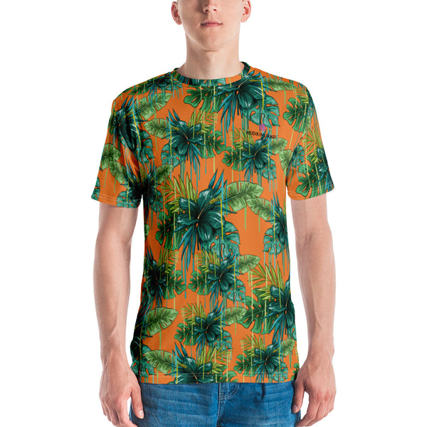 Orange Tropical Hawaiian Style Shirt, Orange and Green Tropical Leaf Printed Tee, Best Tee Crew Neck Premium Polyester Regular Fit Tee-Made in USA/EU/MX (US Size, XS-2XL), Luxury Graphic T-Shirt For Men, Best Printed Tee, Crew Neck T-shirt, Men's T-Shirt Apparel