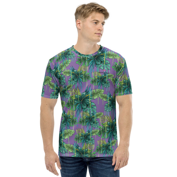 Purple Tropical Leaf Men's T-shirt, Hawaiian Style Tropical Leaves Printed Tee, Best Tee Crew Neck Premium Polyester Regular Fit Tee-Made in USA/EU/MX (US Size, XS-2XL), Luxury Graphic T-Shirt For Men, Best Printed Tee, Crew Neck T-shirt, Men's T-Shirt Apparel