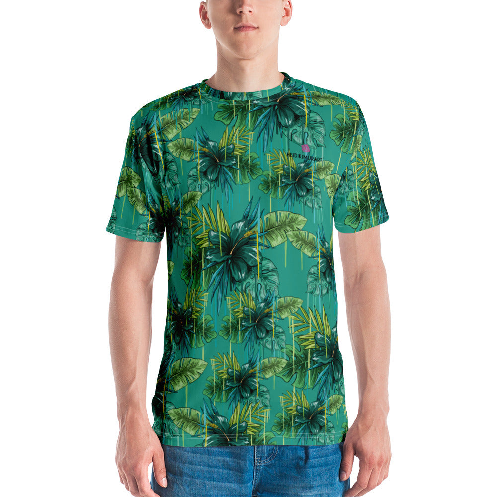 Blue Tropical Hawaiian Style Shirt, Blue and Green Tropical Leaf Printed Tee, Best Tee Crew Neck Premium Polyester Regular Fit Tee-Made in USA/EU/MX (US Size, XS-2XL), Luxury Graphic T-Shirt For Men, Best Printed Tee, Crew Neck T-shirt, Men's T-Shirt Apparel