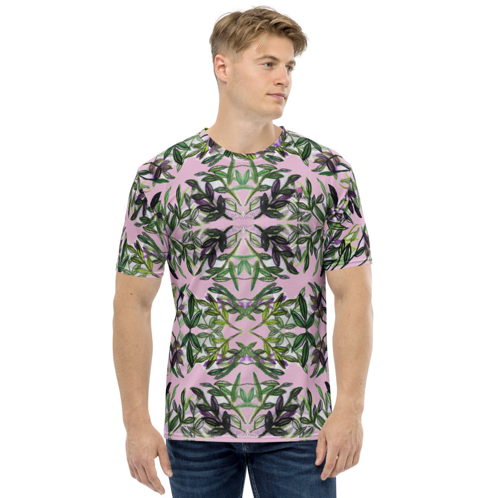 Pink Tropical Hawaiian Style Shirt, Purple and Green Tropical Leaf Printed Tee, Best Tee Crew Neck Premium Polyester Regular Fit Tee-Made in USA/EU/MX (US Size, XS-2XL), Luxury Graphic T-Shirt For Men, Best Printed Tee, Crew Neck T-shirt, Men's T-Shirt Apparel