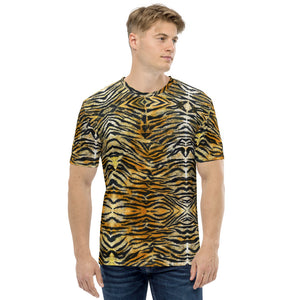 Orange Tiger Striped Men's T-shirt, Brown Bengal Tiger Striped Printed Tee, Best Tee Crew Neck Premium Polyester Regular Fit Tee-Made in USA/EU/MX (US Size, XS-2XL), Luxury Graphic T-Shirt For Men, Best Printed Tee, Crew Neck T-shirt, Men's T-Shirt Apparel