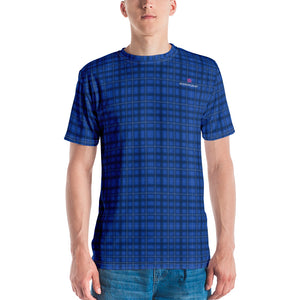 Blue Plaid Print Men's T-shirt, Tartan Scottish Plaid Best Tee Crew Neck Premium Polyester Regular Fit Tee-Made in USA/EU/MX (US Size, XS-2XL), Luxury Graphic T-Shirt For Men, Best Printed Tee, Crew Neck T-shirt, Men's T-Shirt Apparel