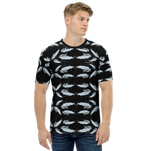 Black Whales Print Men's T-shirt, Fish Artistic White Marine Best Tee Crew Neck Premium Polyester Regular Fit Tee-Made in USA/EU/MX (US Size, XS-2XL), Luxury Graphic T-Shirt For Men, Best Printed Tee, Crew Neck T-shirt, Men's T-Shirt Apparel