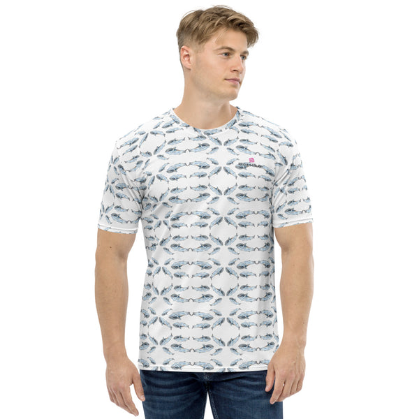 White Whales Print Men's T-shirt, Fish Artistic Marine Best Tee Crew Neck Premium Polyester Regular Fit Tee-Made in USA/EU/MX (US Size, XS-2XL), Luxury Graphic T-Shirt For Men, Best Printed Tee, Crew Neck T-shirt, Men's T-Shirt Apparel