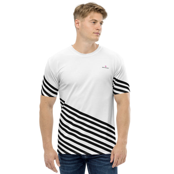 White Black Striped Men's T-shirt, Modern Stripes Best Tee Crew Neck Premium Polyester Regular Fit Tee-Made in USA/EU/MX (US Size, XS-2XL), Luxury Graphic T-Shirt For Men, Best Printed Tee, Crew Neck T-shirt, Men's T-Shirt Apparel