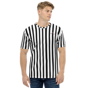 Black White Striped Men's T-shirt, Vertically Striped T-shirts, Modern Stripes Best Tee Crew Neck Premium Polyester Regular Fit Tee-Made in USA/EU/MX (US Size, XS-2XL), Luxury Graphic T-Shirt For Men, Best Printed Tee, Crew Neck T-shirt, Men's T-Shirt Apparel