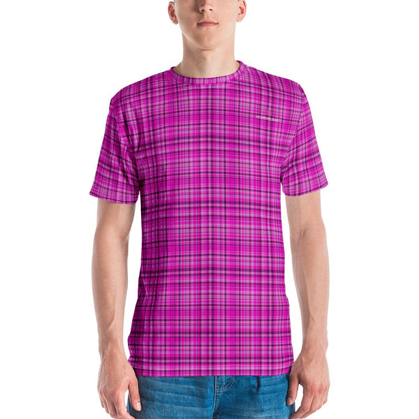 Pink Plaid Print Men's T-shirt, Tartan Scottish Plaid Best Tee Crew Neck Premium Polyester Regular Fit Tee-Made in USA/EU/MX (US Size, XS-2XL), Luxury Graphic T-Shirt For Men, Best Printed Tee, Crew Neck T-shirt, Men's T-Shirt Apparel