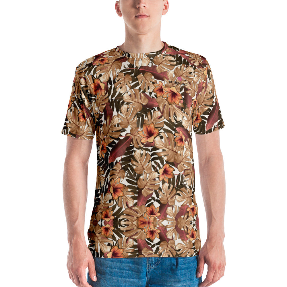 Fall Tropical Leaf Men's T-shirt, Brown Leaves Print Hawaiian Style Tee, Best Tee Crew Neck Premium Polyester Regular Fit Tee-Made in USA/EU/MX (US Size, XS-2XL), Luxury Graphic T-Shirt For Men, Best Printed Tee, Crew Neck T-shirt, Men's T-Shirt Apparel