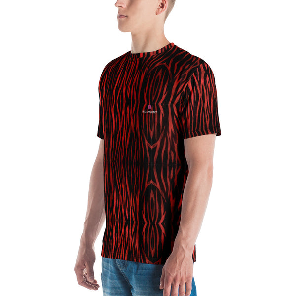 Red Tiger Striped Men's T-Shirt, Animal Tiger Striped Print Best Tee Crew Neck Premium Polyester Regular Fit Tee-Made in USA/EU/MX (US Size, XS-2XL), Luxury Graphic T-Shirt For Men, The Tiger Print Tee, Crew Neck T-shirt, Men's T-Shirt Apparel