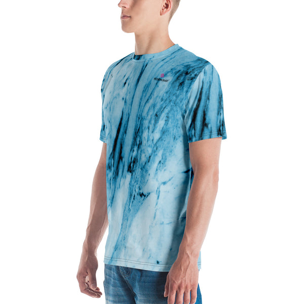 Blue Marble Abstract Men's T-shirt, Blue And White Marbled Print Best Tee Crew Neck Premium Polyester Regular Fit Tee-Made in USA/EU/MX (US Size, XS-2XL), Luxury Graphic T-Shirt For Men, Best Marbled Printed Tee, Crew Neck T-shirt, Men's T-Shirt Apparel