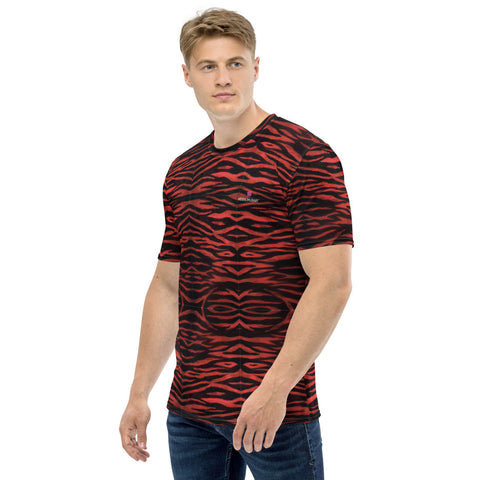 Red Tiger Men's T-shirt, Tiger Striped Animal Print Best Tee Crew Neck Premium Polyester Regular Fit Tee-Made in USA/EU/MX (US Size, XS-2XL), Luxury Graphic T-Shirt For Men, Best Tiger Striped Printed Tee, Crew Neck T-shirt, Men's T-Shirt Apparel