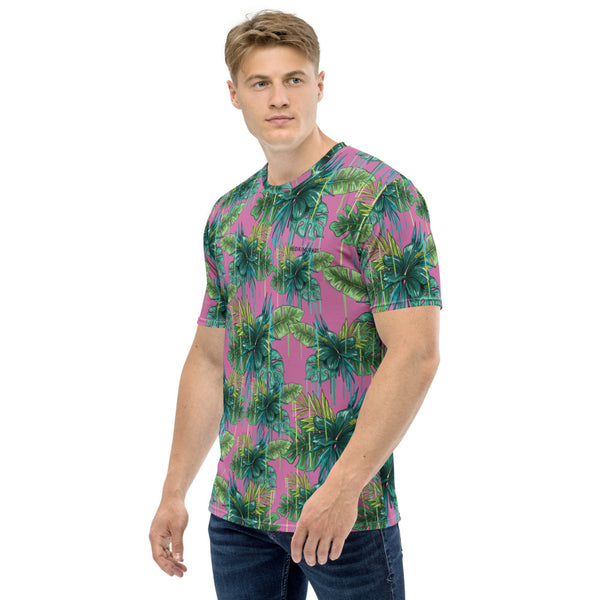 Pink Tropical Hawaiian Style Shirt, Pink and Green Tropical Leaf Printed Tee, Best Tee Crew Neck Premium Polyester Regular Fit Tee-Made in USA/EU/MX (US Size, XS-2XL), Luxury Graphic T-Shirt For Men, Best Printed Tee, Crew Neck T-shirt, Men's T-Shirt Apparel