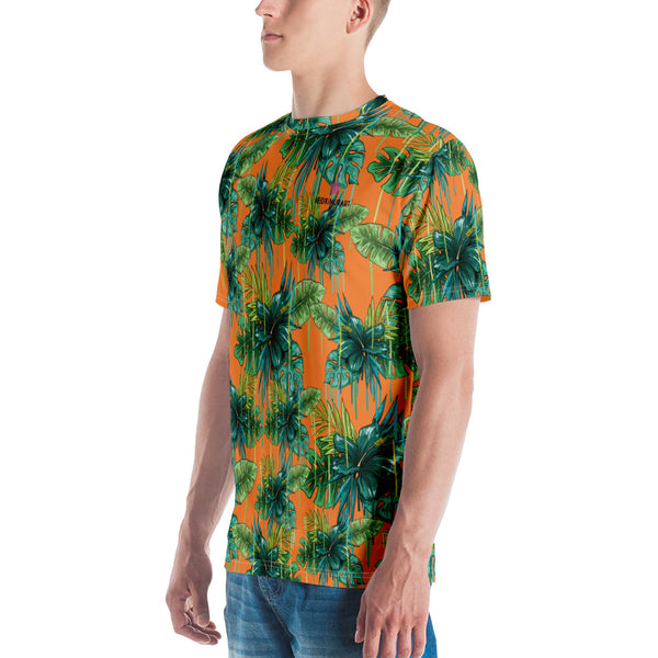 Orange Tropical Hawaiian Style Shirt, Orange and Green Tropical Leaf Printed Tee, Best Tee Crew Neck Premium Polyester Regular Fit Tee-Made in USA/EU/MX (US Size, XS-2XL), Luxury Graphic T-Shirt For Men, Best Printed Tee, Crew Neck T-shirt, Men's T-Shirt Apparel