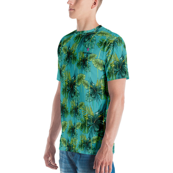 Bright Blue Tropical Hawaiian Style Shirt, Blue and Green Tropical Leaf Printed Tee, Best Tee Crew Neck Premium Polyester Regular Fit Tee-Made in USA/EU/MX (US Size, XS-2XL), Luxury Graphic T-Shirt For Men, Best Printed Tee, Crew Neck T-shirt, Men's T-Shirt Apparel