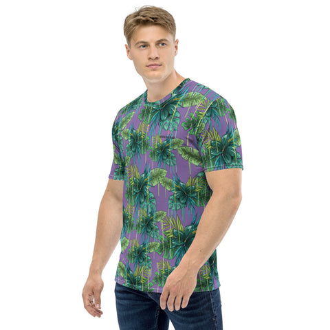 Purple Tropical Leaf Men's T-shirt, Hawaiian Style Tropical Leaves Printed Tee, Best Tee Crew Neck Premium Polyester Regular Fit Tee-Made in USA/EU/MX (US Size, XS-2XL), Luxury Graphic T-Shirt For Men, Best Printed Tee, Crew Neck T-shirt, Men's T-Shirt Apparel