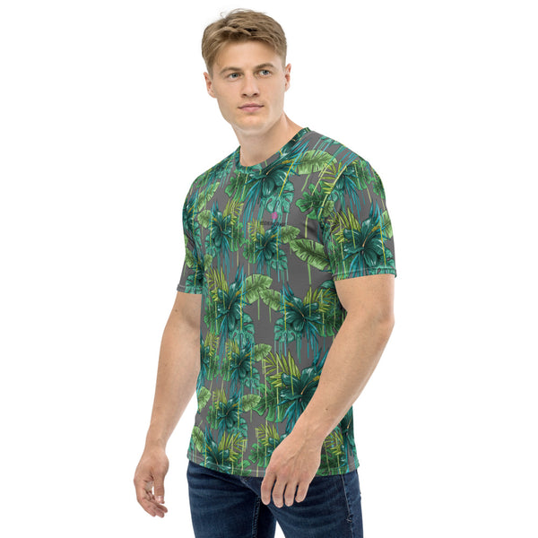 Gray Tropical Hawaiian Style Shirt, Grey Green Tropical Leaf Printed Tee, Best Tee Crew Neck Premium Polyester Regular Fit Tee-Made in USA/EU/MX (US Size, XS-2XL), Luxury Graphic T-Shirt For Men, Best Printed Tee, Crew Neck T-shirt, Men's T-Shirt Apparel