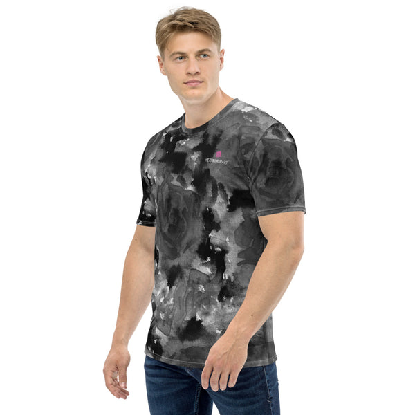 Grey Floral Print Men's T-shirt, Abstract Flower Printed Tee, Best Tee Crew Neck Premium Polyester Regular Fit Tee-Made in USA/EU/MX (US Size, XS-2XL), Luxury Graphic T-Shirt For Men, Best Printed Tee, Crew Neck T-shirt, Men's T-Shirt Apparel