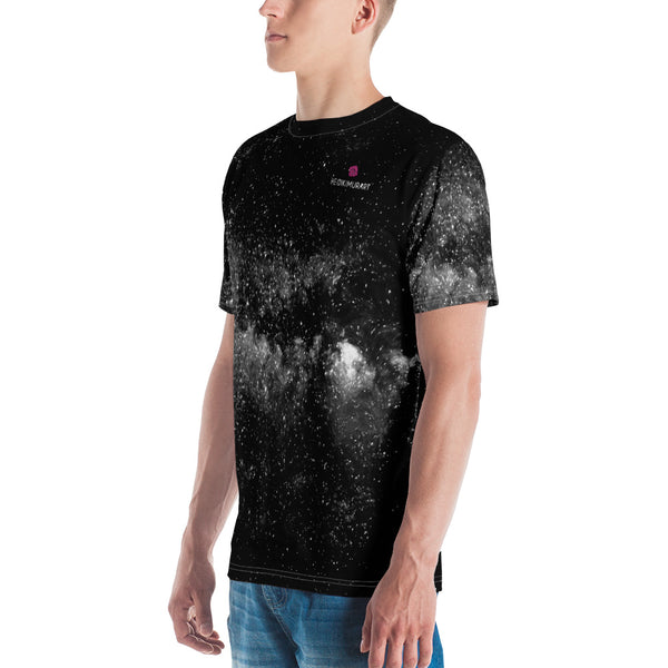 Black Galaxy Print Men's T-shirt, Space Galaxies Best Tee Crew Neck Premium Polyester Regular Fit Tee-Made in USA/EU/MX (US Size, XS-2XL), Luxury Graphic T-Shirt For Men, Best Printed Tee, Crew Neck T-shirt, Men's T-Shirt Apparel