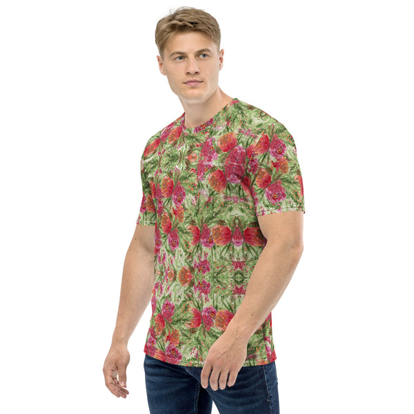 Red Rose Floral Men's T-shirt, Mixed Floral Rose Printed Tee, Best Tee Crew Neck Premium Polyester Regular Fit Tee-Made in USA/EU/MX (US Size, XS-2XL), Luxury Graphic T-Shirt For Men, Best Printed Tee, Crew Neck T-shirt, Men's T-Shirt Apparel
