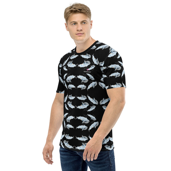 Black Whales Print Men's T-shirt, Fish Artistic White Marine Best Tee Crew Neck Premium Polyester Regular Fit Tee-Made in USA/EU/MX (US Size, XS-2XL), Luxury Graphic T-Shirt For Men, Best Printed Tee, Crew Neck T-shirt, Men's T-Shirt Apparel