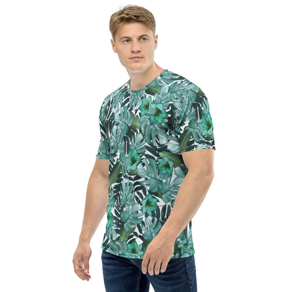Green Tropical Leaf Men's T-shirt, Hawaiian Style Leaves Print Best Tee Crew Neck Premium Polyester Regular Fit Tee-Made in USA/EU/MX (US Size, XS-2XL), Luxury Graphic T-Shirt For Men, Best Marbled Printed Tee, Crew Neck T-shirt, Men's T-Shirt Apparel