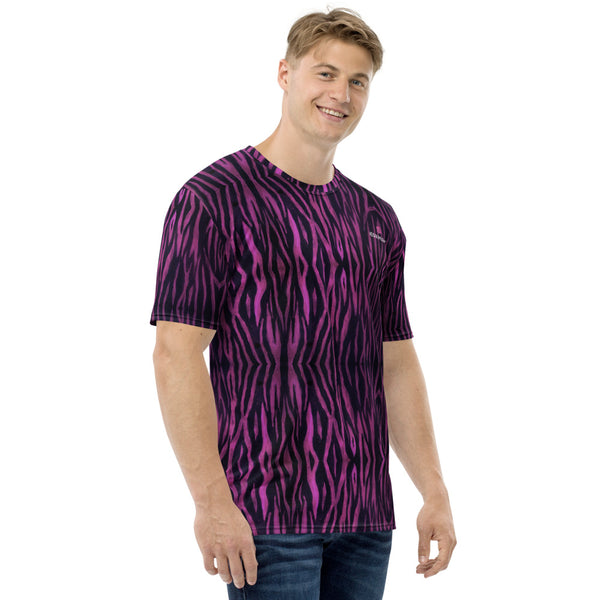 Purple Tiger Striped Men's T-Shirt, Animal Tiger Striped Print Best Tee Crew Neck Premium Polyester Regular Fit Tee-Made in USA/EU/MX (US Size, XS-2XL), Luxury Graphic T-Shirt For Men, The Tiger Print Tee, Crew Neck T-shirt, Men's T-Shirt Apparel
