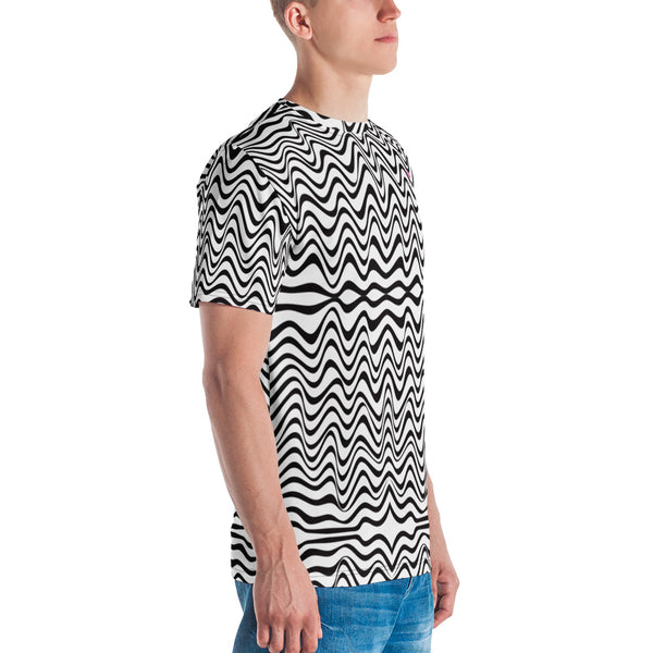 Black White Wavy Men's T-Shirt, Waves Crew Neck Polyester Regular Fit Tee-Made in USA/EU/MX, Luxury Graphic T-Shirt FOr Men, The 90's Wave Tee, Crew Neck T-shirt, Men's T-Shirt Apparel