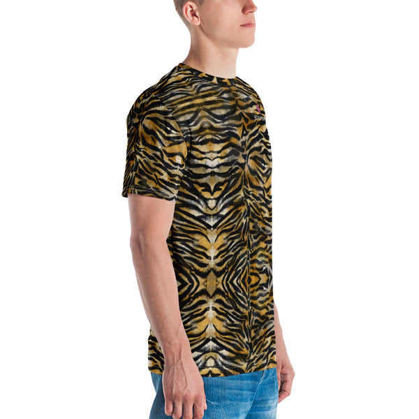 Brown Tiger Striped Men's T-shirt, Tiger Stripes Animal Print Printed Tee, Best Tee Crew Neck Premium Polyester Regular Fit Tee-Made in USA/EU/MX (US Size, XS-2XL), Luxury Graphic T-Shirt For Men, Best Printed Tee, Crew Neck T-shirt, Men's T-Shirt Apparel
