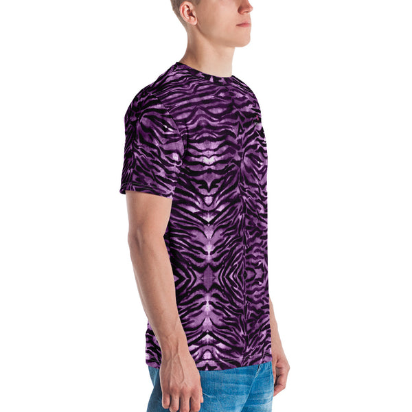 Pink Tiger Striped Men's T-shirt, Purple Animal Tiger Stripes Print Best Tee Crew Neck Premium Polyester Regular Fit Tee-Made in USA/EU/MX (US Size, XS-2XL), Luxury Graphic T-Shirt For Men, Best Printed Tee, Crew Neck T-shirt, Men's T-Shirt Apparel
