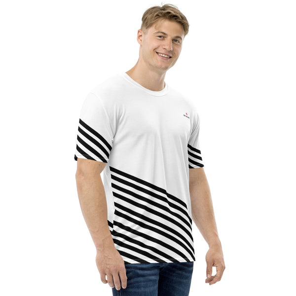 White Black Striped Men's T-shirt, Modern Stripes Best Tee Crew Neck Premium Polyester Regular Fit Tee-Made in USA/EU/MX (US Size, XS-2XL), Luxury Graphic T-Shirt For Men, Best Printed Tee, Crew Neck T-shirt, Men's T-Shirt Apparel