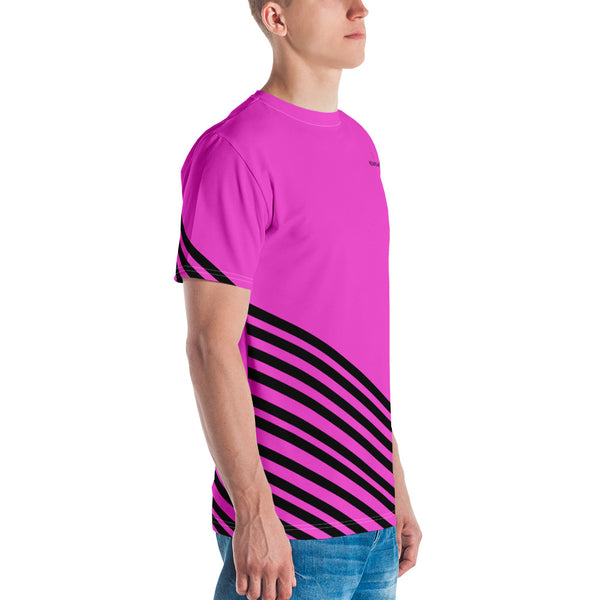 Pink Black Striped Men's T-shirt, Modern Stripes Best Tee Crew Neck Premium Polyester Regular Fit Tee-Made in USA/EU/MX (US Size, XS-2XL), Luxury Graphic T-Shirt For Men, Best Printed Tee, Crew Neck T-shirt, Men's T-Shirt Apparel
