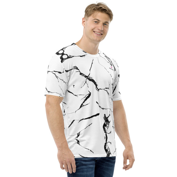 White Marble Print Men's T-shirt, Designer Marbled Pattern Printed Best Tee Crew Neck Premium Polyester Regular Fit Tee-Made in USA/EU/MX (US Size, XS-2XL), Luxury Graphic T-Shirt For Men, Best Printed Tee, Crew Neck T-shirt, Men's T-Shirt Apparel