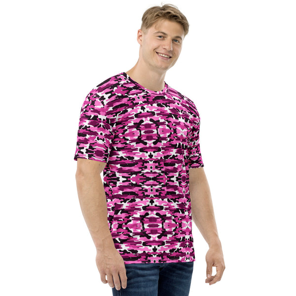 Pink Camo Print Men's T-shirt, Pink Purple Camouflage Camo Print Best Tee Crew Neck Premium Polyester Regular Fit Tee-Made in USA/EU/MX (US Size, XS-2XL), Luxury Graphic T-Shirt For Men, Best Marbled Printed Tee, Crew Neck T-shirt, Men's T-Shirt Apparel